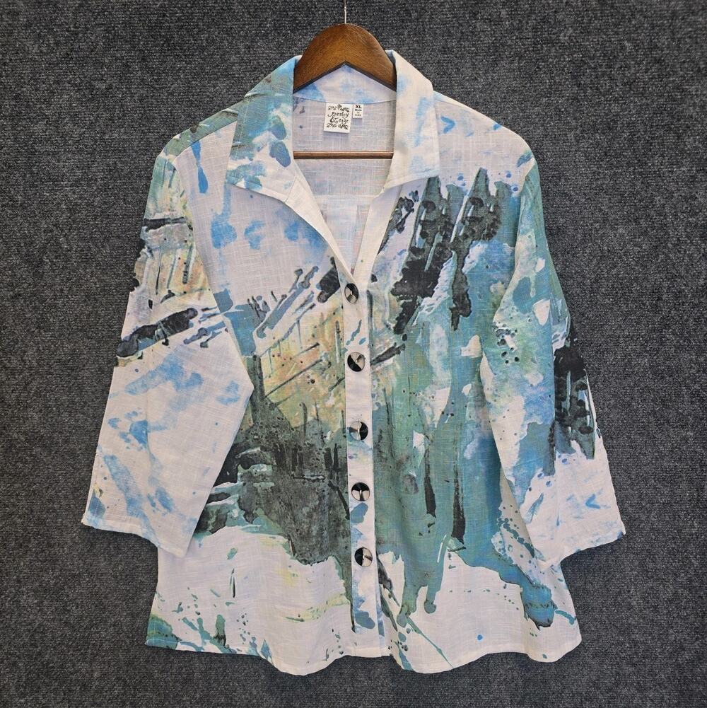 Parsley & Sage XL Textured Slub Cotton Tunic Shirt Artsy Watercolor Lagenlook